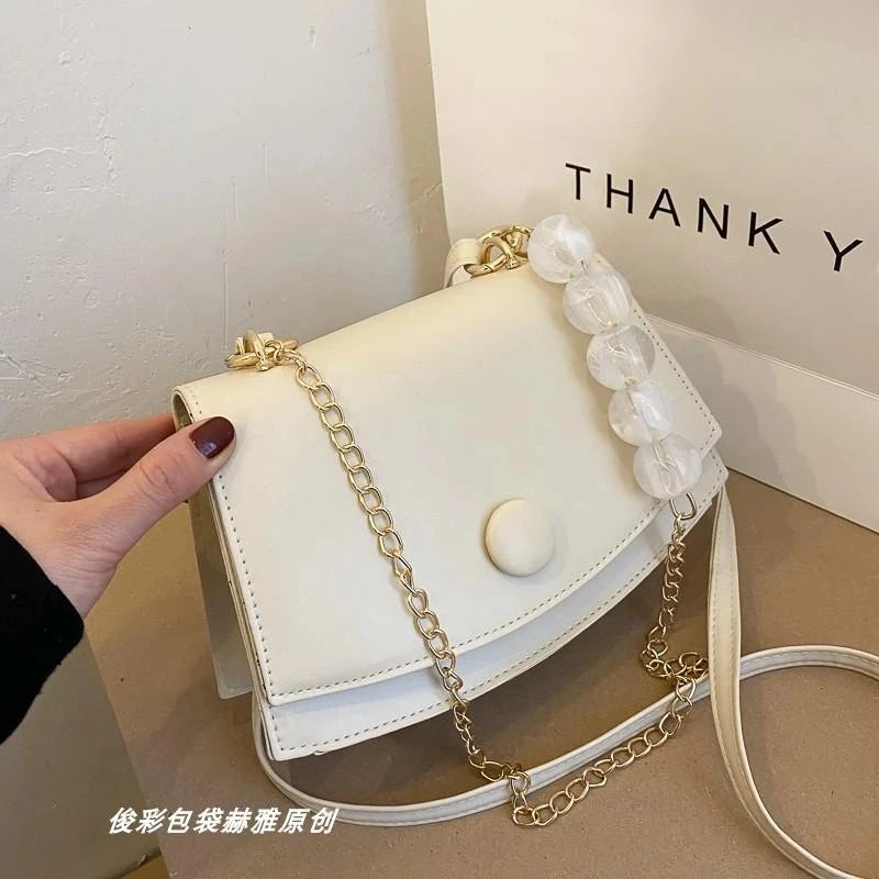 Solid Flap Bag PU Leather Shoulder Bags Women Spherical Chain Belt