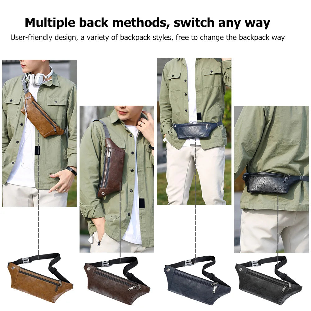 Men Shoulder Belt Bag Retro Casual PU Leather Phone Pouch Chest Crossbody Waist