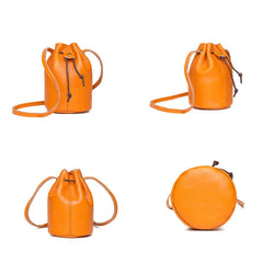Solid Oil Wax Leather Bucket Bag Draw Cord Women Shoulder Crossbody Bags