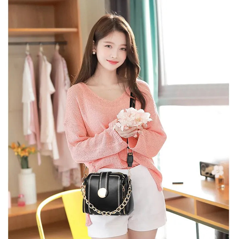 Solid PU Leather Crossbody Bag Lock Shoulder Travel Handbag