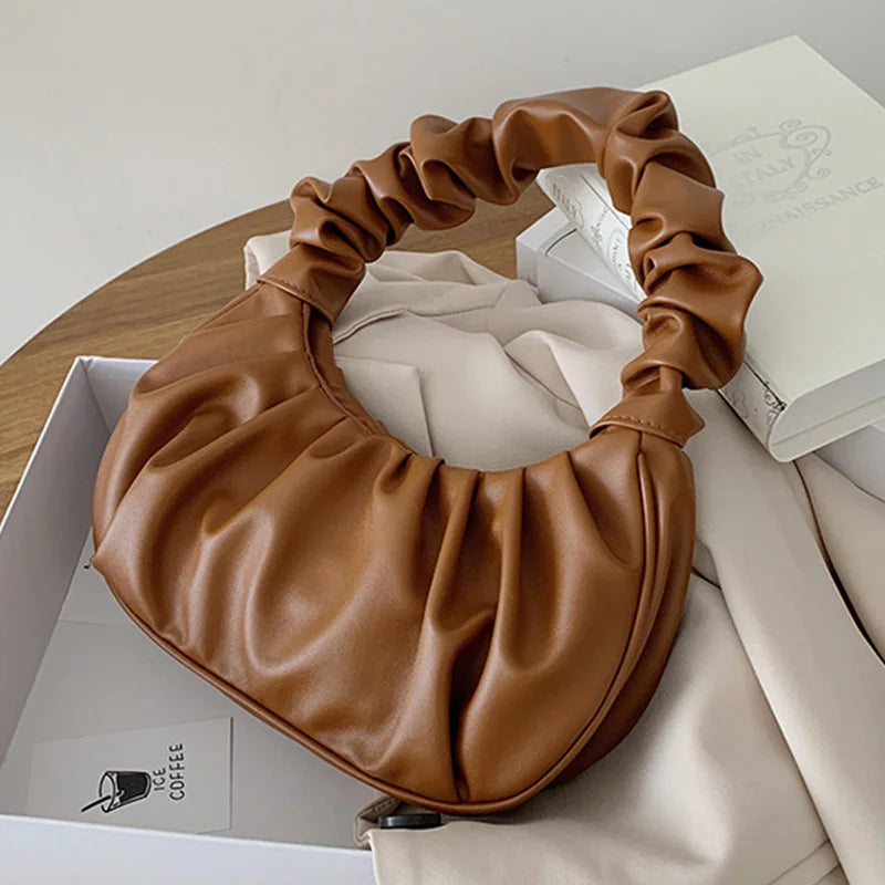 Solid PU Leather Pleated Cloud Shoulder Bags For Women