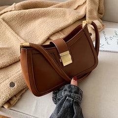 Small Lock Handbags for Women Solid PU Leather Shoulder Bags