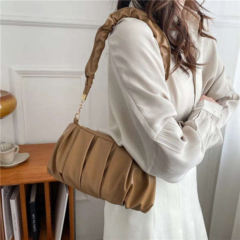 Women's Soft PU Leather Shoulder Bag Solid Pleated Small Handbag