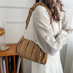 Women's Soft PU Leather Shoulder Bag Solid Pleated Small Handbag