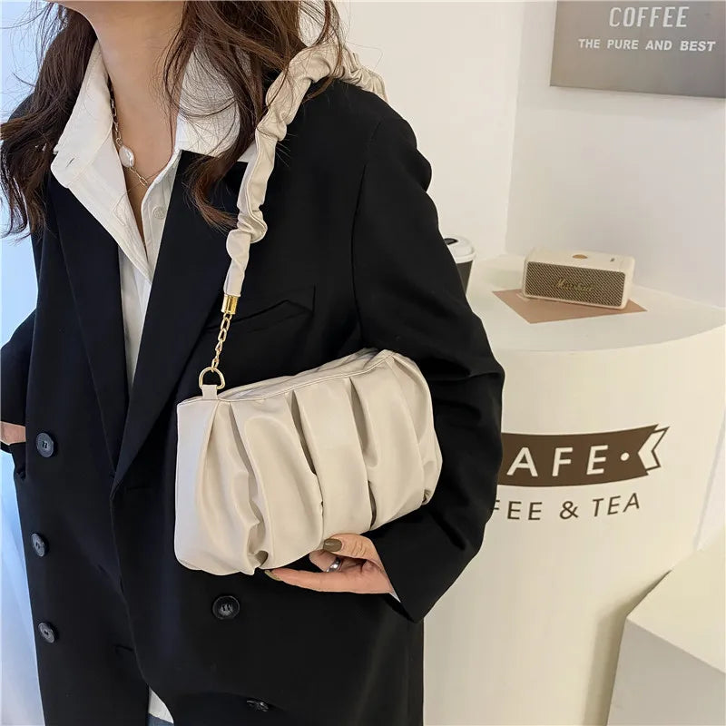Women's Soft PU Leather Shoulder Bag Solid Pleated Small Handbag