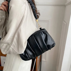 Women's Soft PU Leather Shoulder Bag Solid Pleated Small Handbag