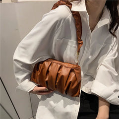 Women's Soft PU Leather Shoulder Bag Solid Pleated Small Handbag