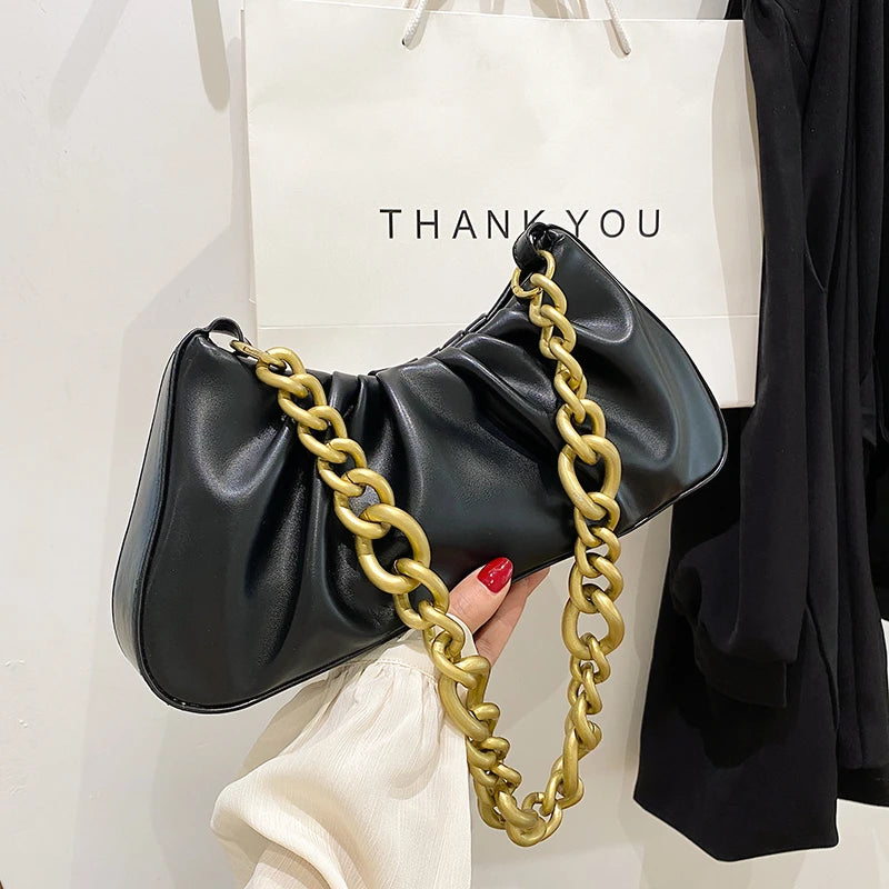 Pleated Tote Bag with Thick Chain Shoulder Strap