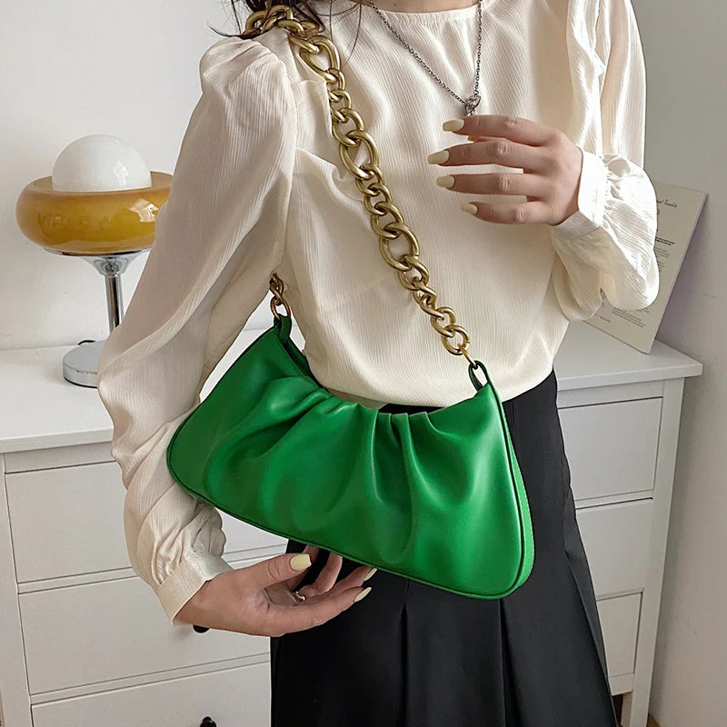 Pleated Tote Bag with Thick Chain Shoulder Strap