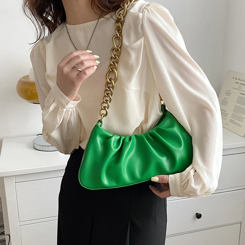 Pleated Tote Bag with Thick Chain Shoulder Strap