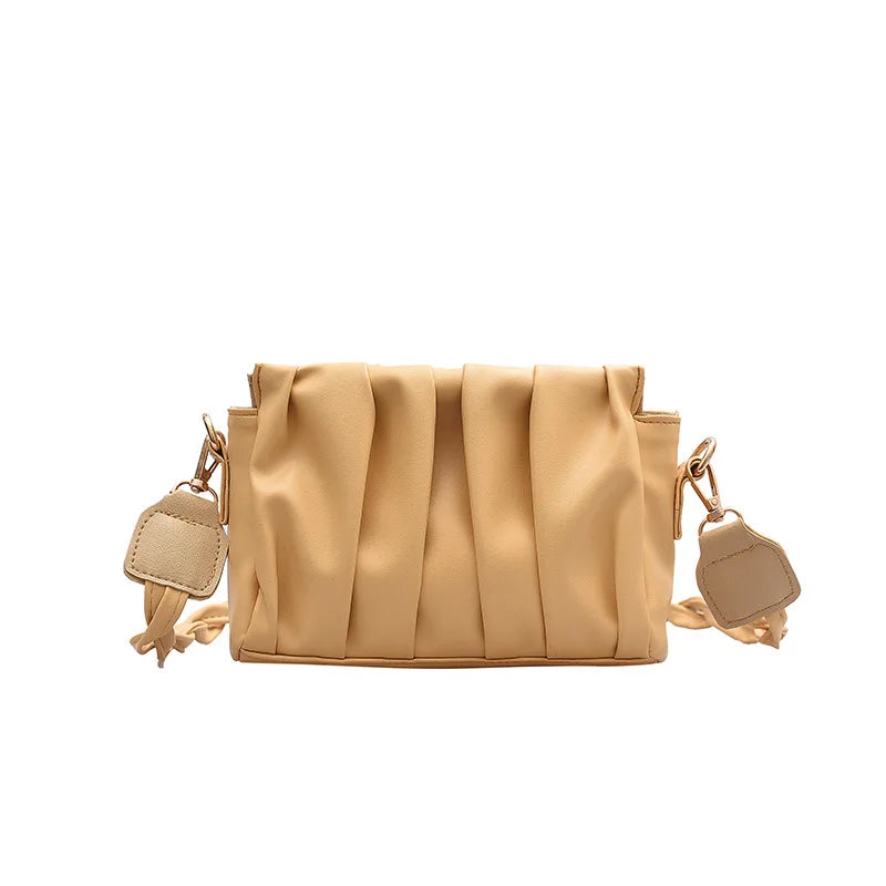 Solid Pleated Tote Bag PU Leather Women's Handbag Messenger Bag