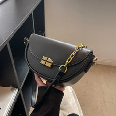 High Leather Solid Saddle Bag Women Shoulder Crossbody Flap Hand