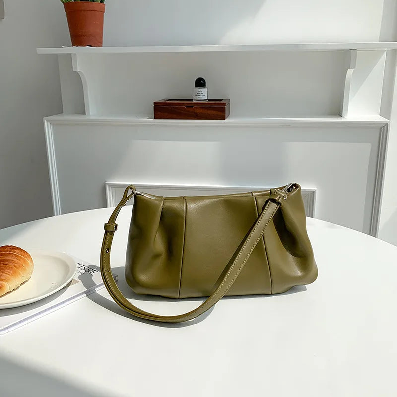 Pleated PU Leather Tote Bag for Women, Retro Crossbody Messenger Bag