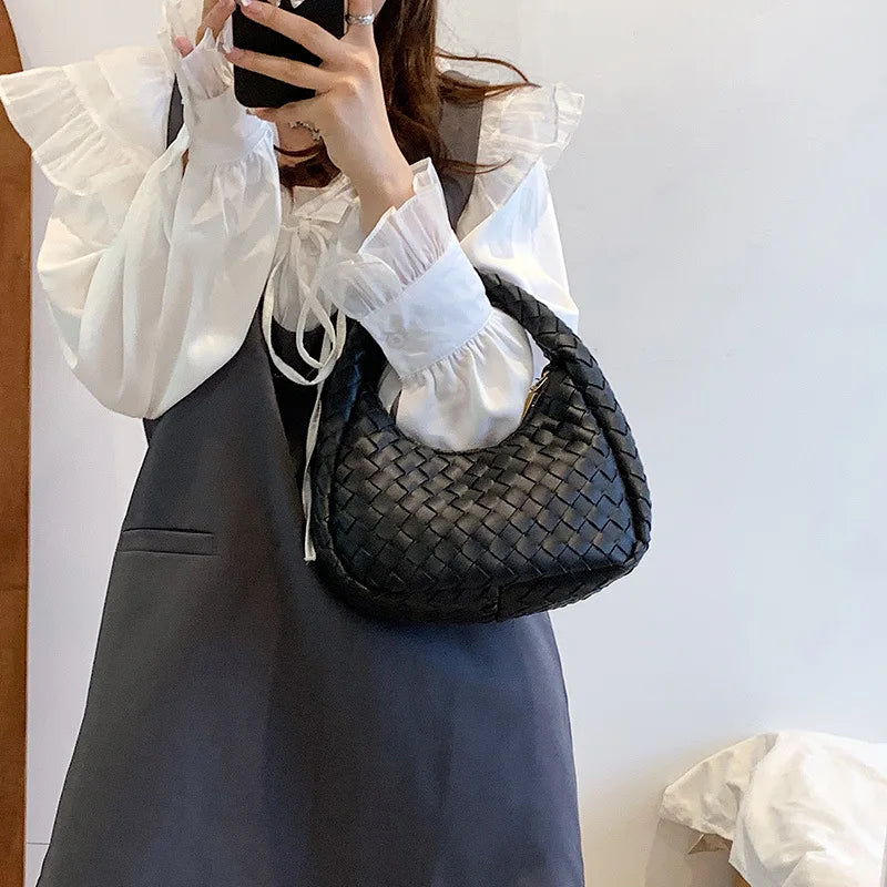 Solid Weave PU Leather Shoulder Tote Bags For Women
