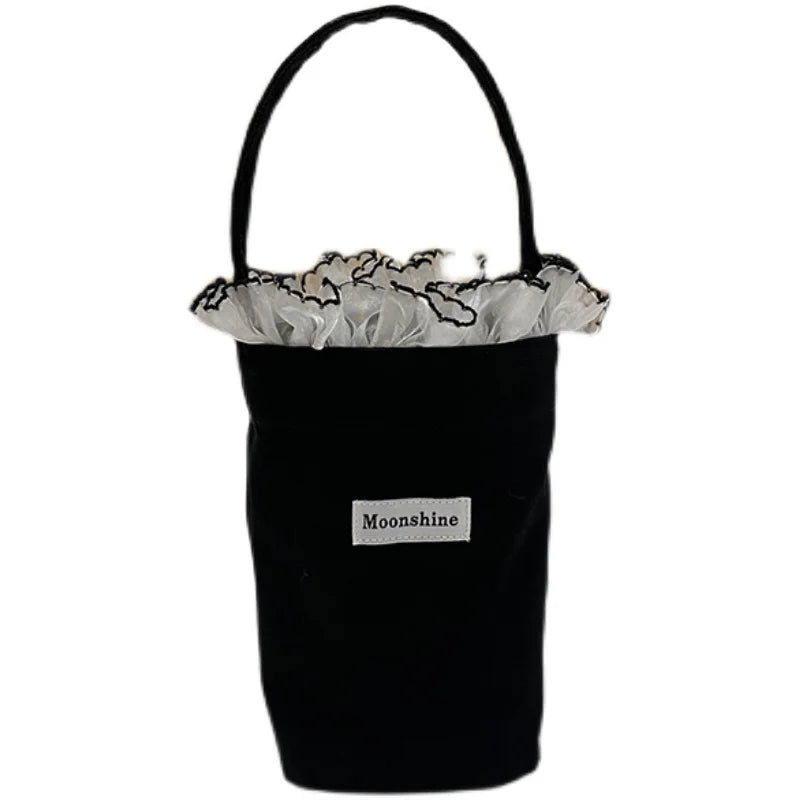 Solid Women Canvas Bucket Bag Lace Portable Phone Pouch Clutch Purse Handbag