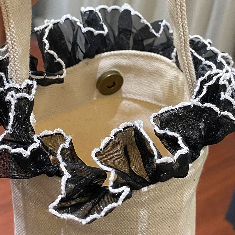 Solid Women Canvas Bucket Bag Lace Portable Phone Pouch Clutch Purse Handbag