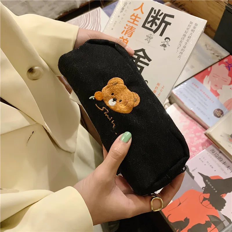 Cute Brown Bear Embroidered Canvas Cosmetic Bag