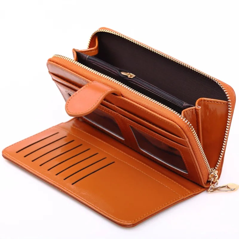 Solid Women Long Wallet Zipper&Hasp Card Package Oil Wax PU Leather Clucth Coin