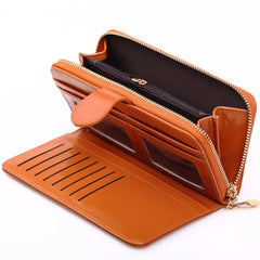 Solid Women Long Wallet Zipper&Hasp Card Package Oil Wax PU Leather Clucth Coin