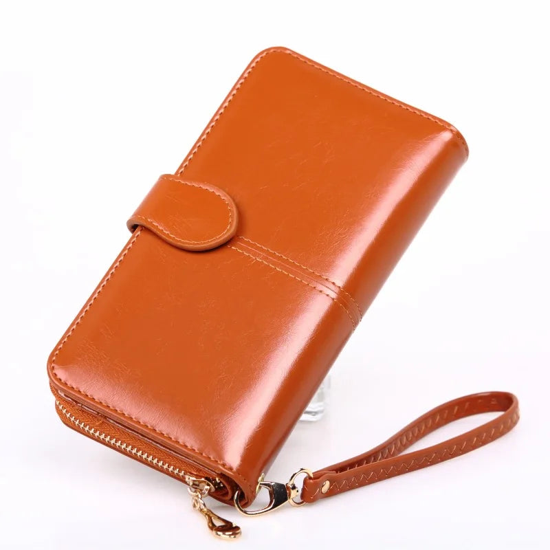 Solid Women Long Wallet Zipper&Hasp Card Package Oil Wax PU Leather Clucth Coin