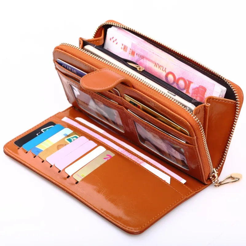 Solid Women Long Wallet Zipper&Hasp Card Package Oil Wax PU Leather Clucth Coin