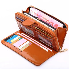 Solid Women Long Wallet Zipper&Hasp Card Package Oil Wax PU Leather Clucth Coin