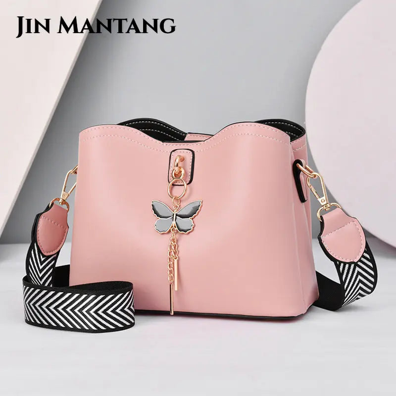 Women's Bucket Shoulder Bags PU Leather Weave Strap Messenger Bag