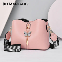Women's Bucket Shoulder Bags PU Leather Weave Strap Messenger Bag