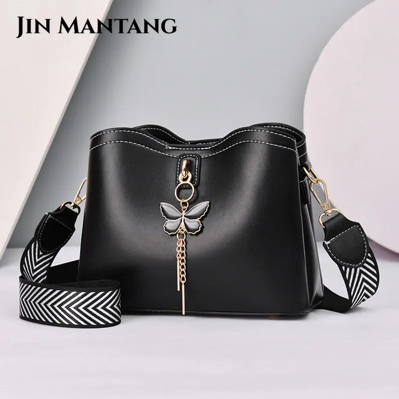 Women's Bucket Shoulder Bags PU Leather Weave Strap Messenger Bag