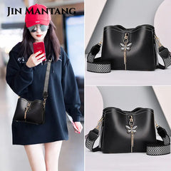 Women's Bucket Shoulder Bags PU Leather Weave Strap Messenger Bag