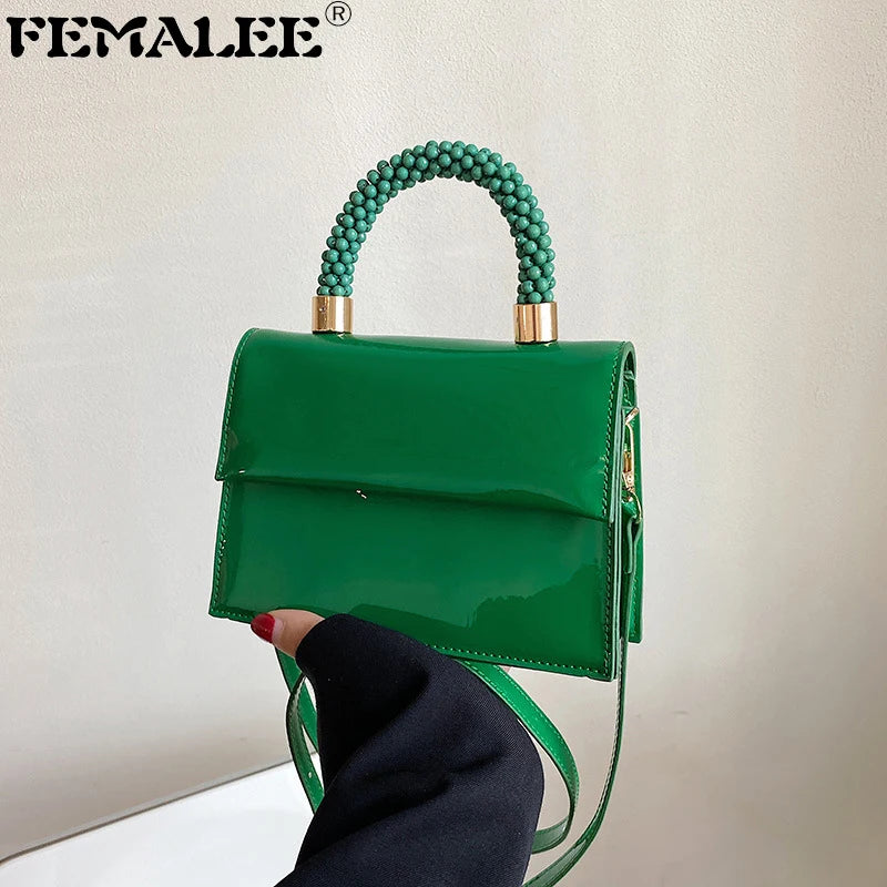 Vintage Patent Leather Shoulder Bag with Beading Handle