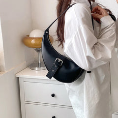 Solid Leather Saddle Crossbody Bag for Women Underarm Bag Shoulder Handbag