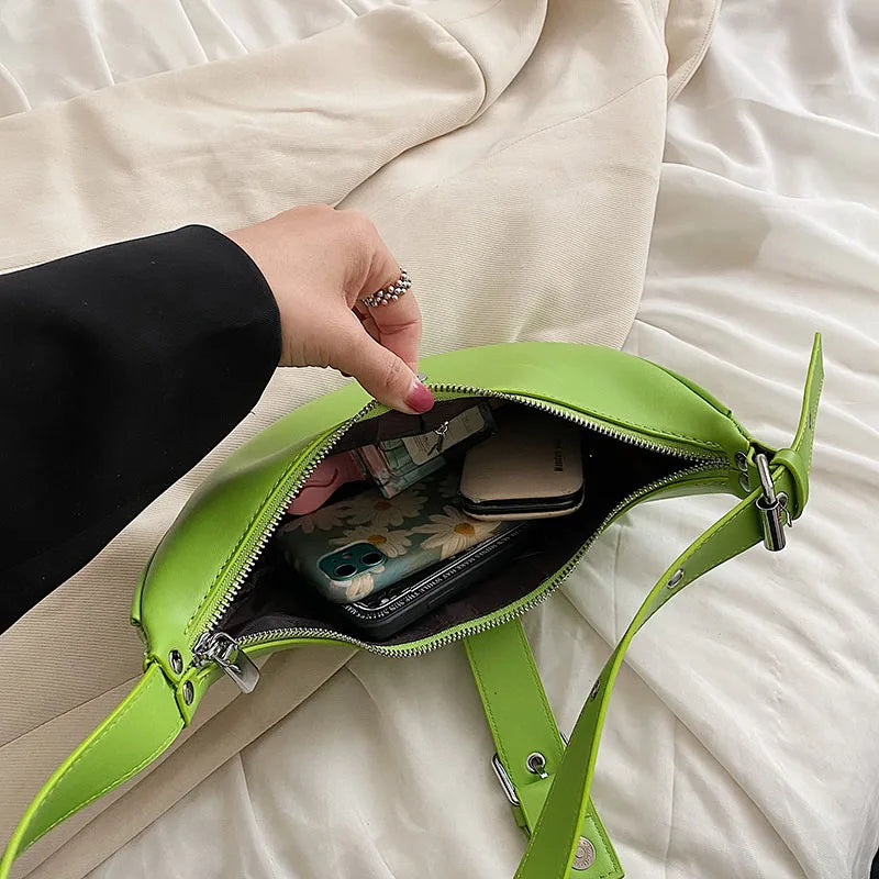 Solid Leather Saddle Crossbody Bag for Women Underarm Bag Shoulder Handbag