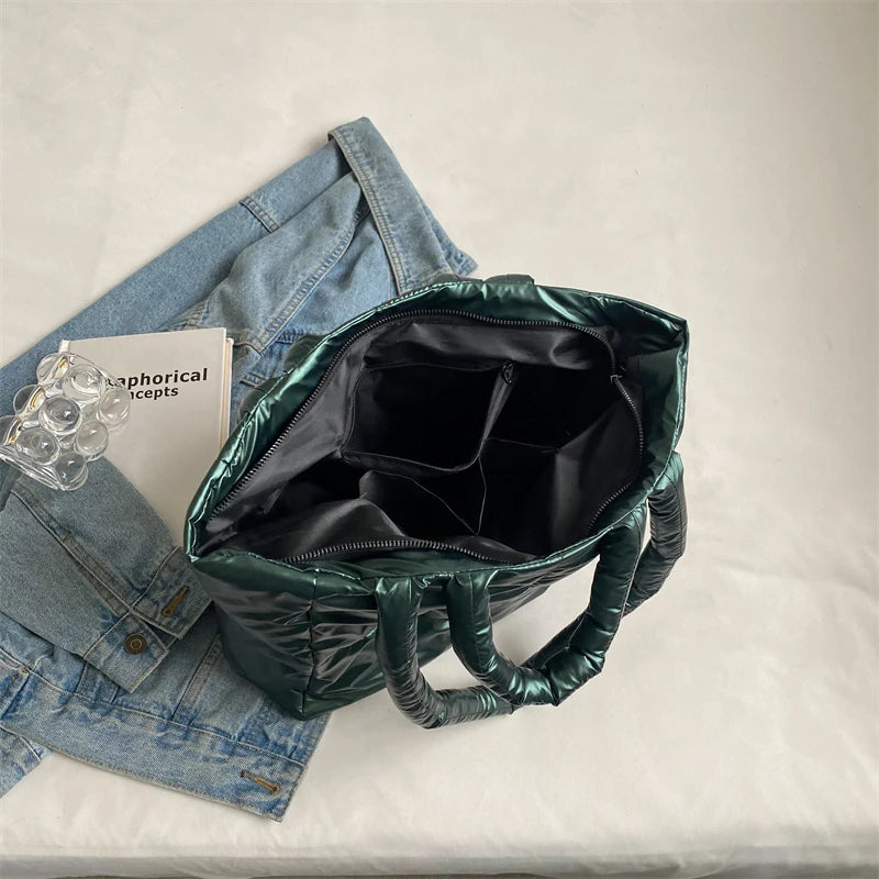 Down Cotton Handbag Large Tote Winter Soft Padded Shoulder Bags For Women