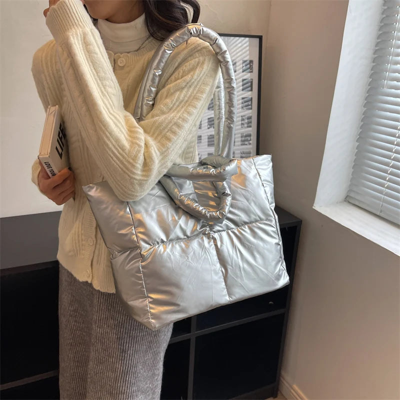 Down Cotton Handbag Large Tote Winter Soft Padded Shoulder Bags For Women