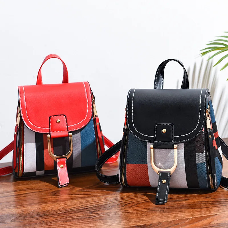 Women's PU Leather Plaid Backpack Multi-Function Knapsack