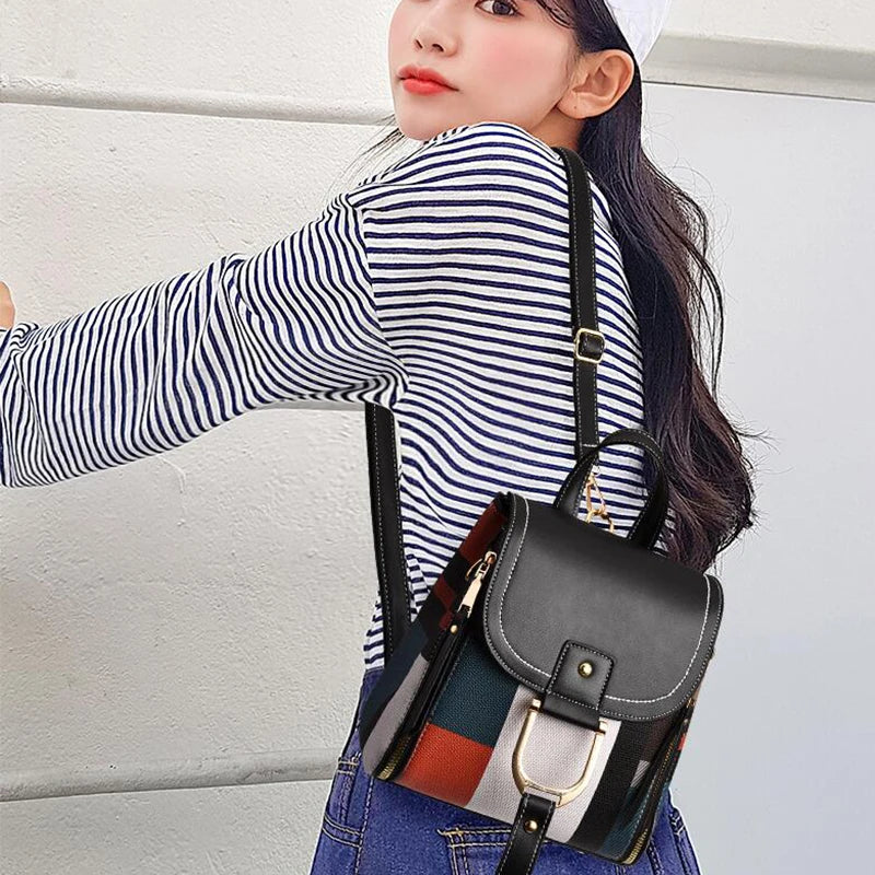 Women's PU Leather Plaid Backpack Multi-Function Knapsack