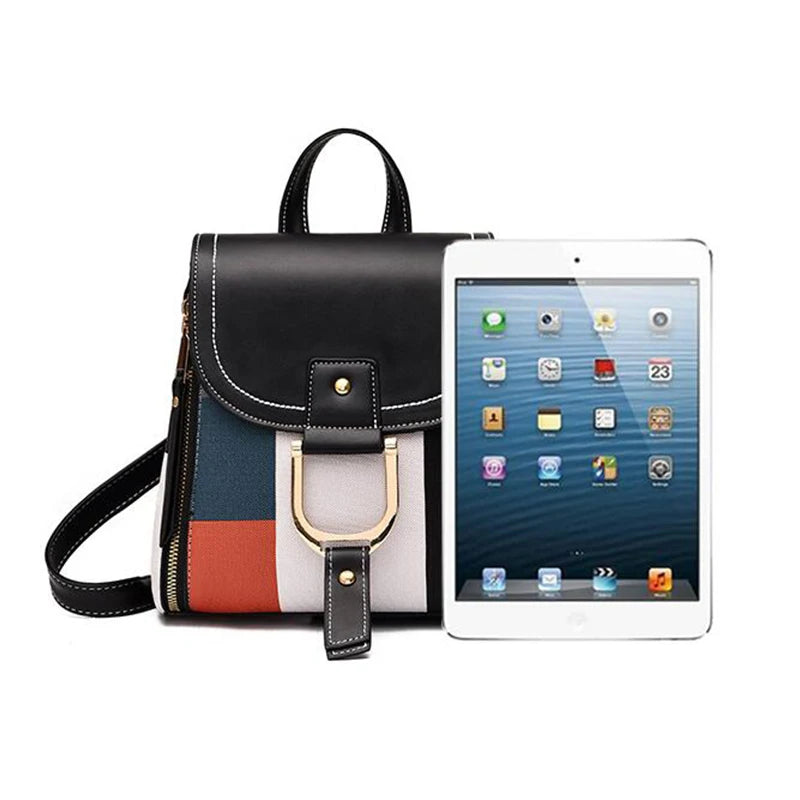 Women's PU Leather Plaid Backpack Multi-Function Knapsack