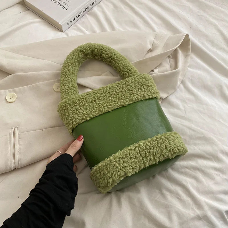Faux Fur Bucket Bag for Women Soft Plush Handbag