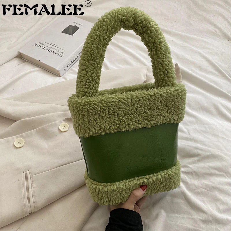 Faux Fur Bucket Bag for Women Soft Plush Handbag