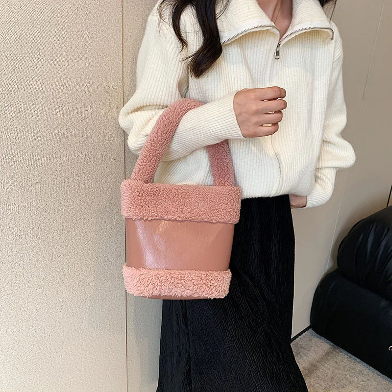 Faux Fur Bucket Bag for Women Soft Plush Handbag
