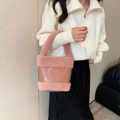 Faux Fur Bucket Bag for Women Soft Plush Handbag