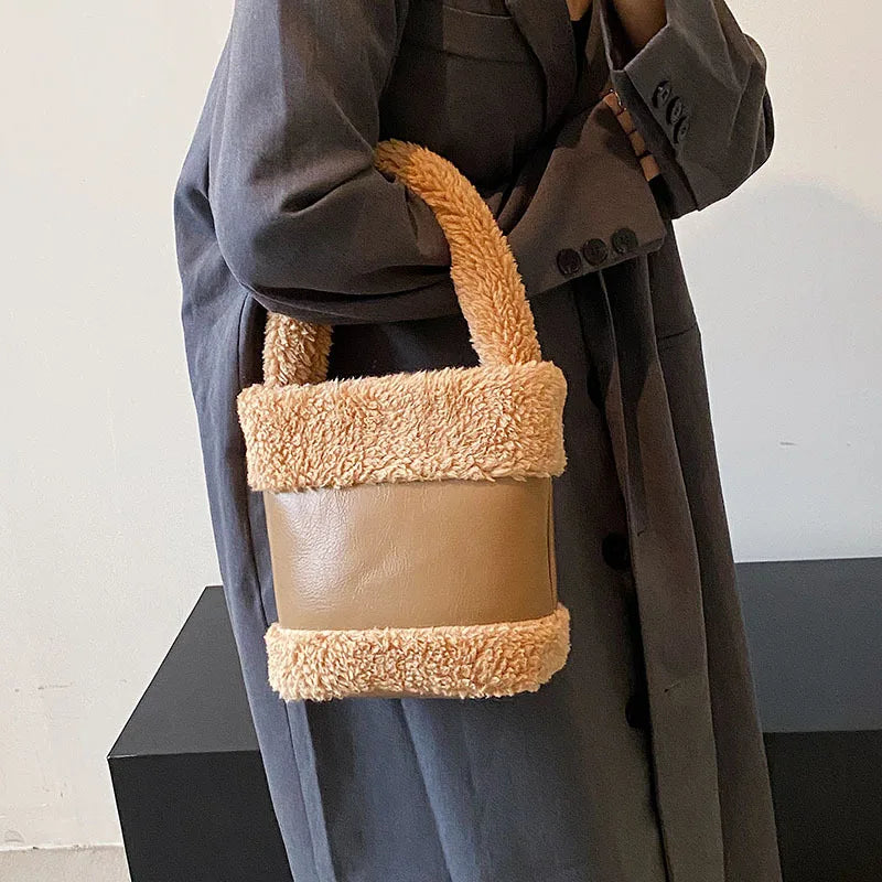 Faux Fur Bucket Bag for Women Soft Plush Handbag