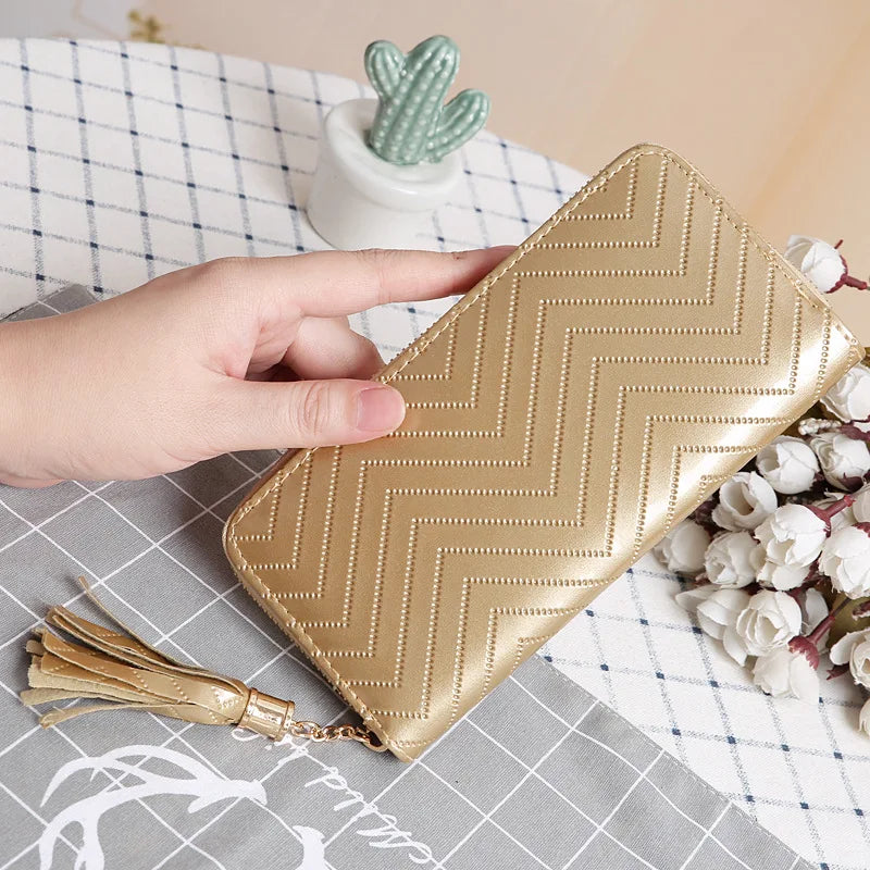 Solid Leather Wallet with Tassel, Long Single Pull Clutch Bag