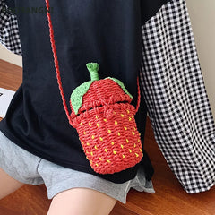 Women's Straw Bag Woven Shoulder Messenger Bag Travel Strawberry Shape Weaving