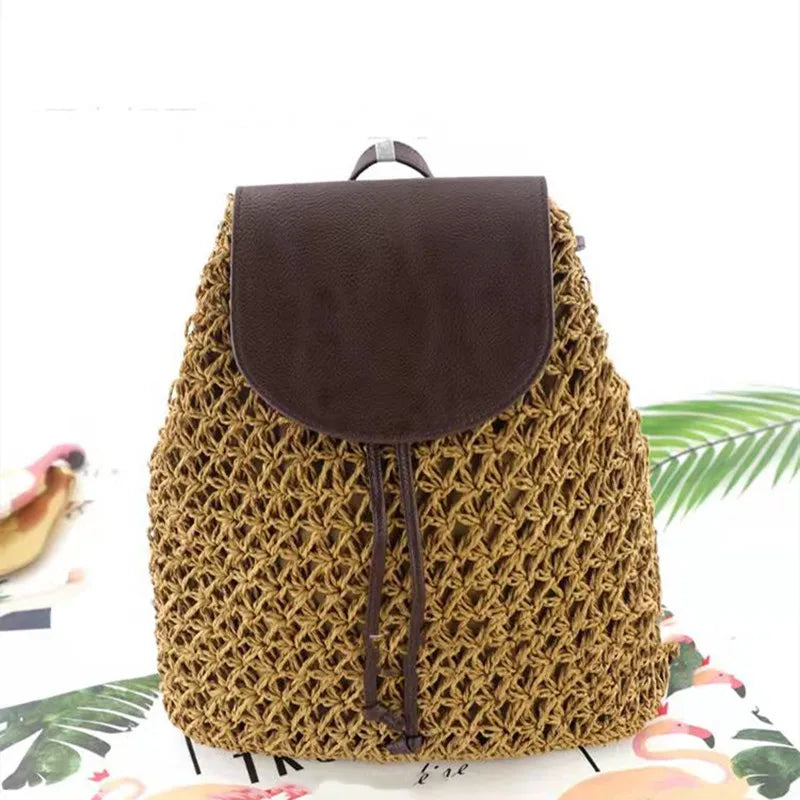 Women's Stitched Leather Backpack, Woven Beach Handbag