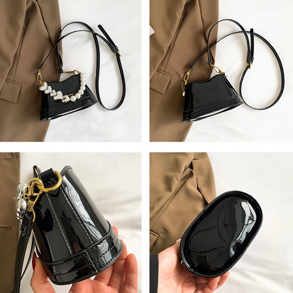 Silver Beaded Shoulder Bag for Women Mini Patent Leather Makeup Hanbag