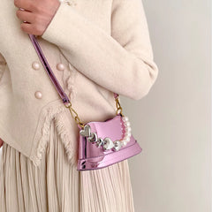 Silver Beaded Shoulder Bag for Women Mini Patent Leather Makeup Hanbag