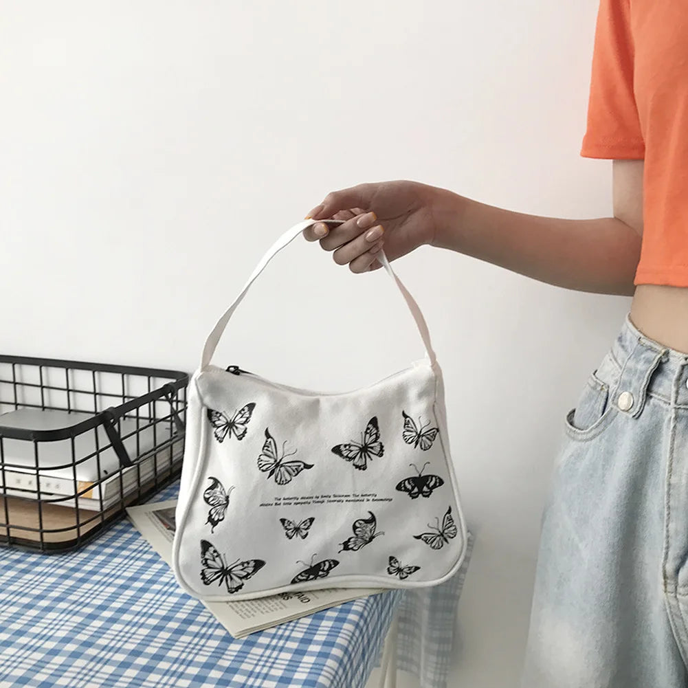 Spring Butterfly Print Canvas Tote Underarm Bag