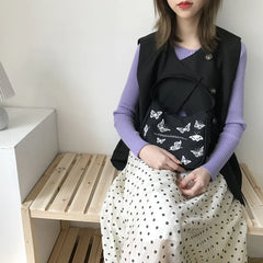 Spring Butterfly Print Canvas Tote Underarm Bag